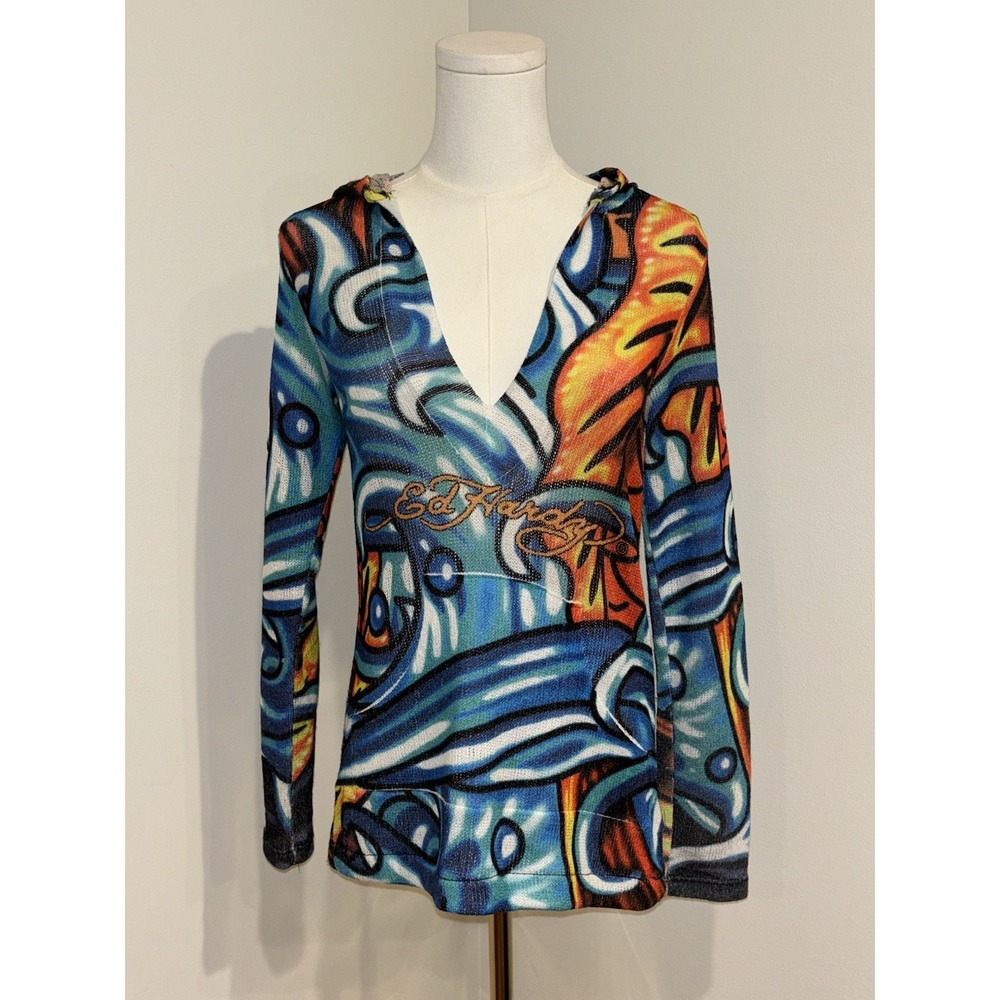 VTG 90's Y2K Ed Hardy Koi Fish Hoodie VNeck Tunic Sweater Women's M